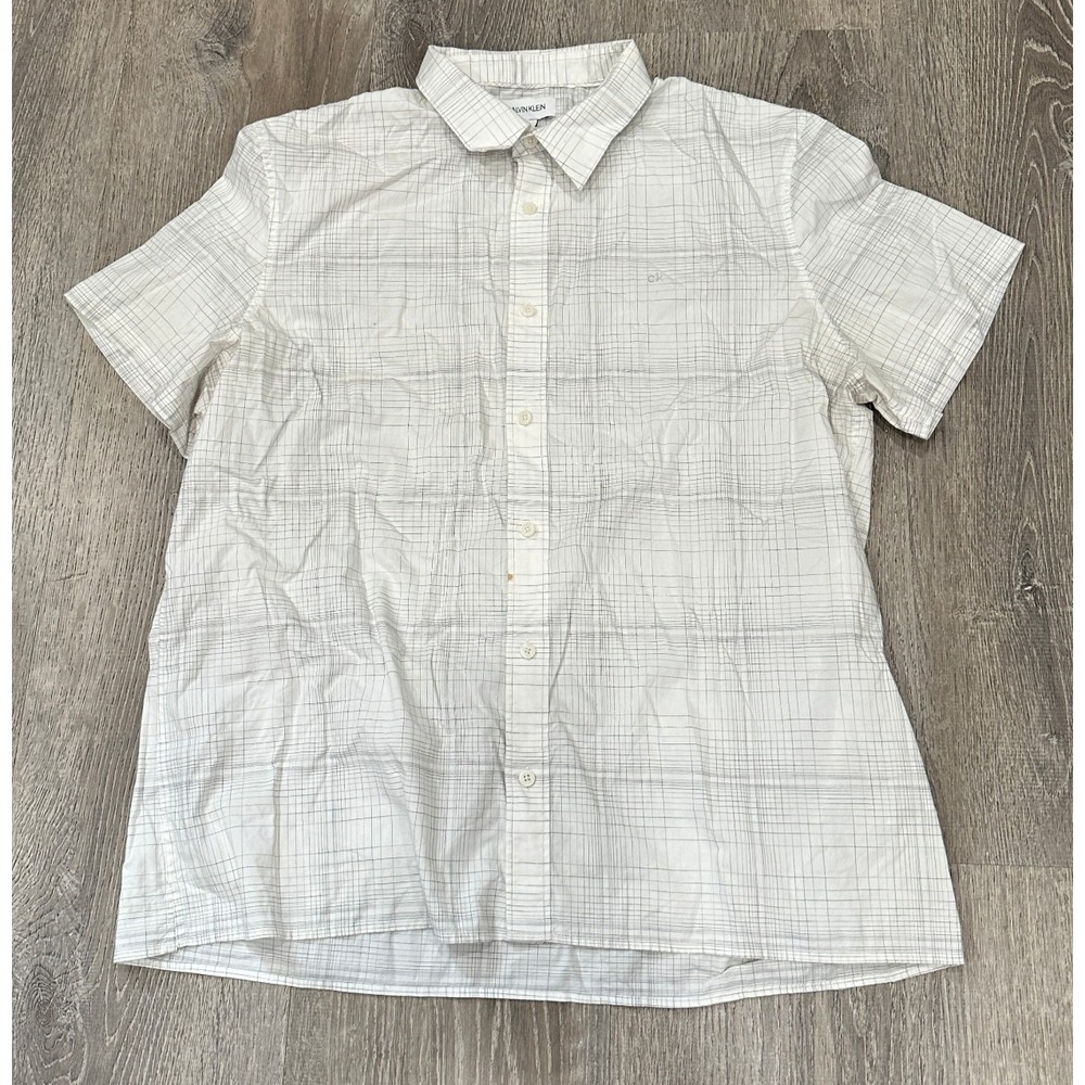 Calvin Klein Shirt Mens Shirt‎ XL White Plaid Casual Short Sleeve Cotton Shirt - Picture 2 of 9